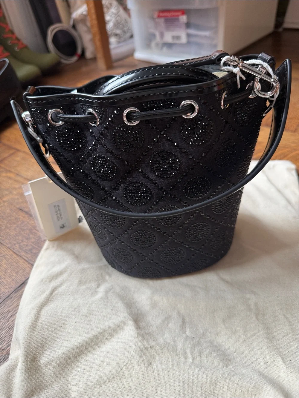 Tory Burch Black Embellished Mini Bucket Bag